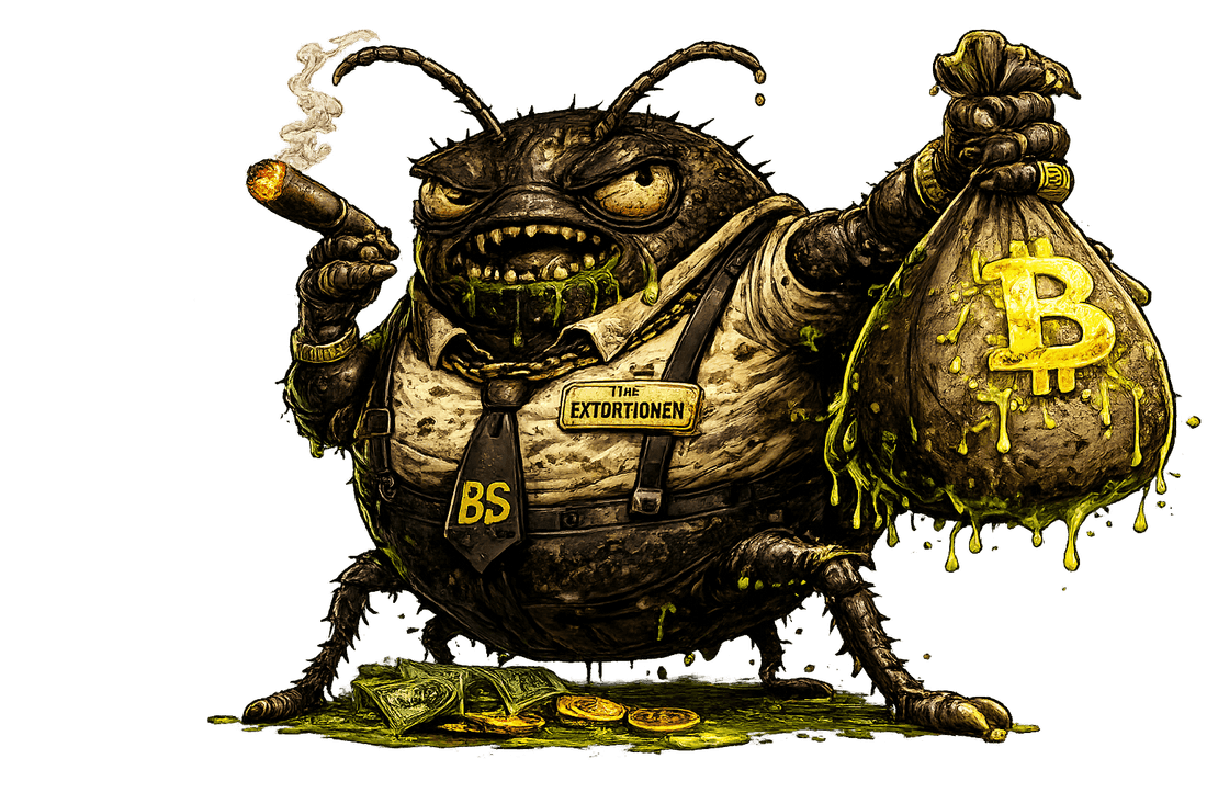 The Extortioner — a cigar-smoking mob-boss bug in a suit, holding a Bitcoin money bag over a pile of cash