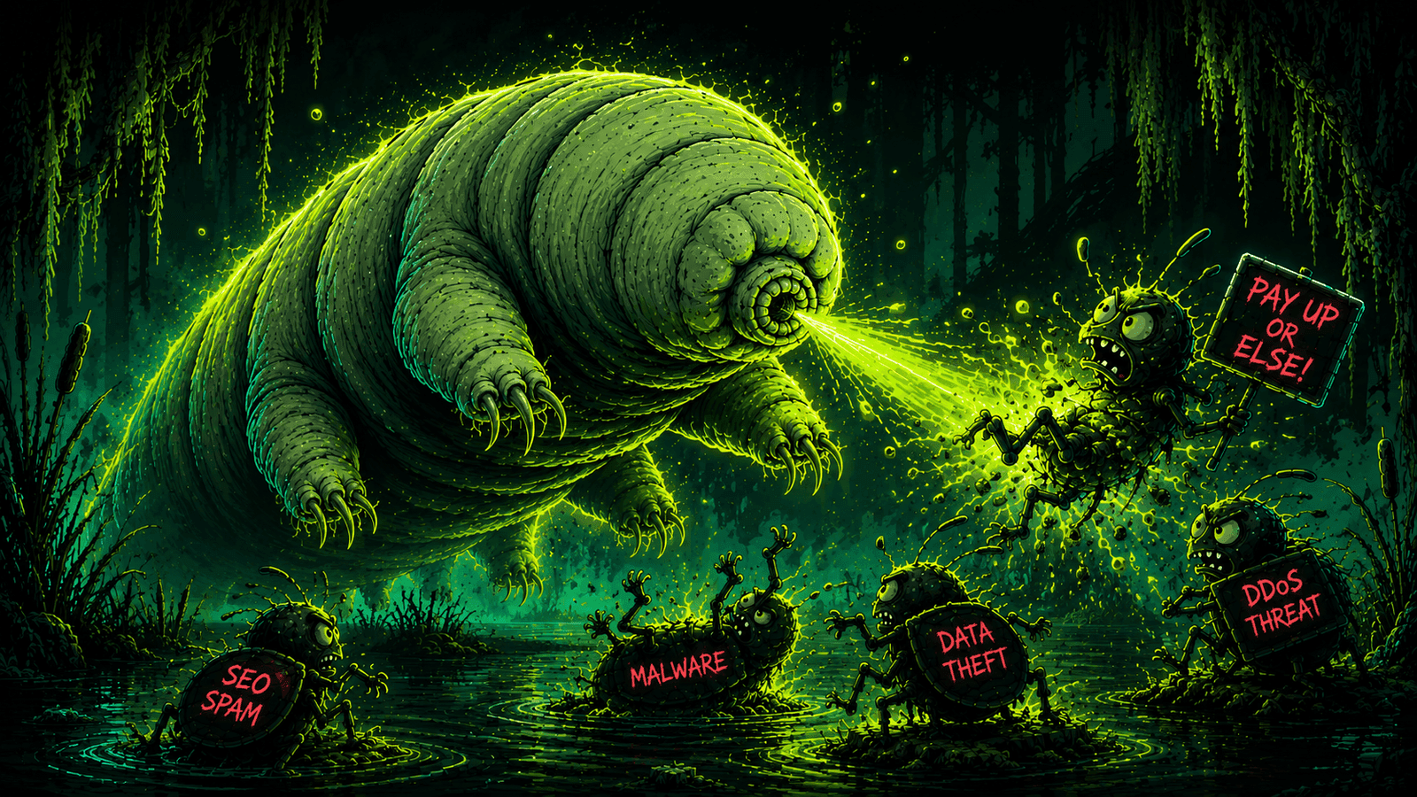 A giant neon-green swamp tardigrade blasting a glowing beam at extortionist bugs labeled SEO Spam, Malware, Data Theft, DDoS Threat and 'Pay Up Or Else'.