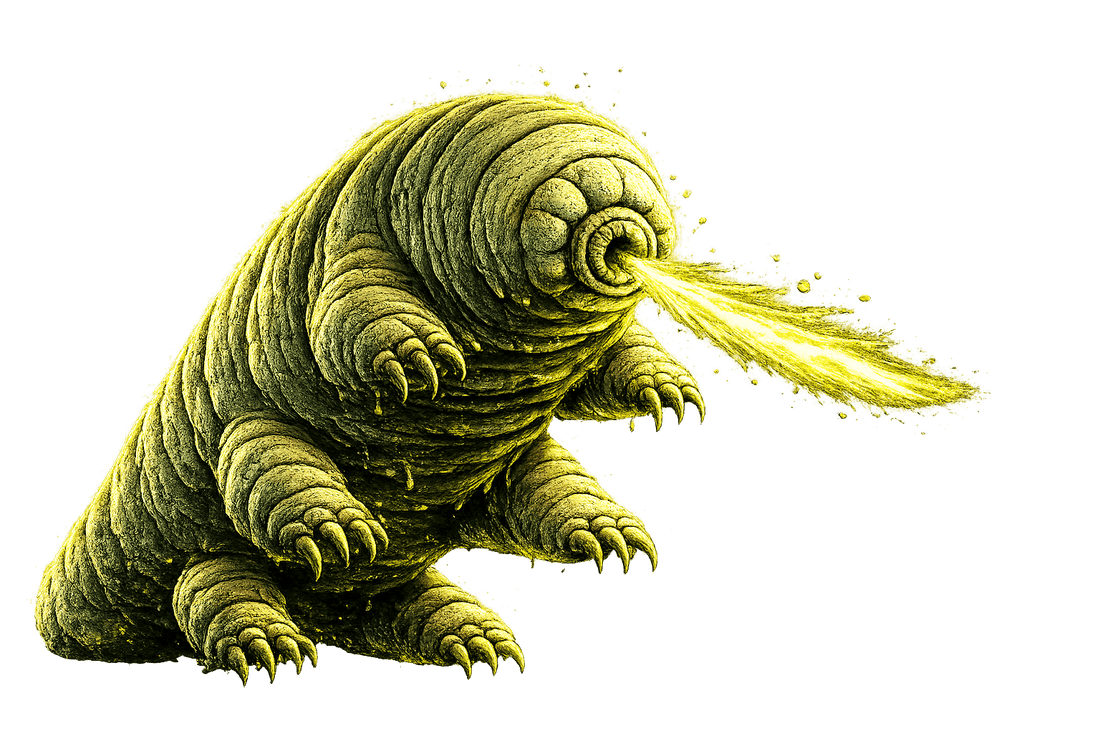 The tardigrade — the good guy — blasting a beam of energy that wipes out the bugs